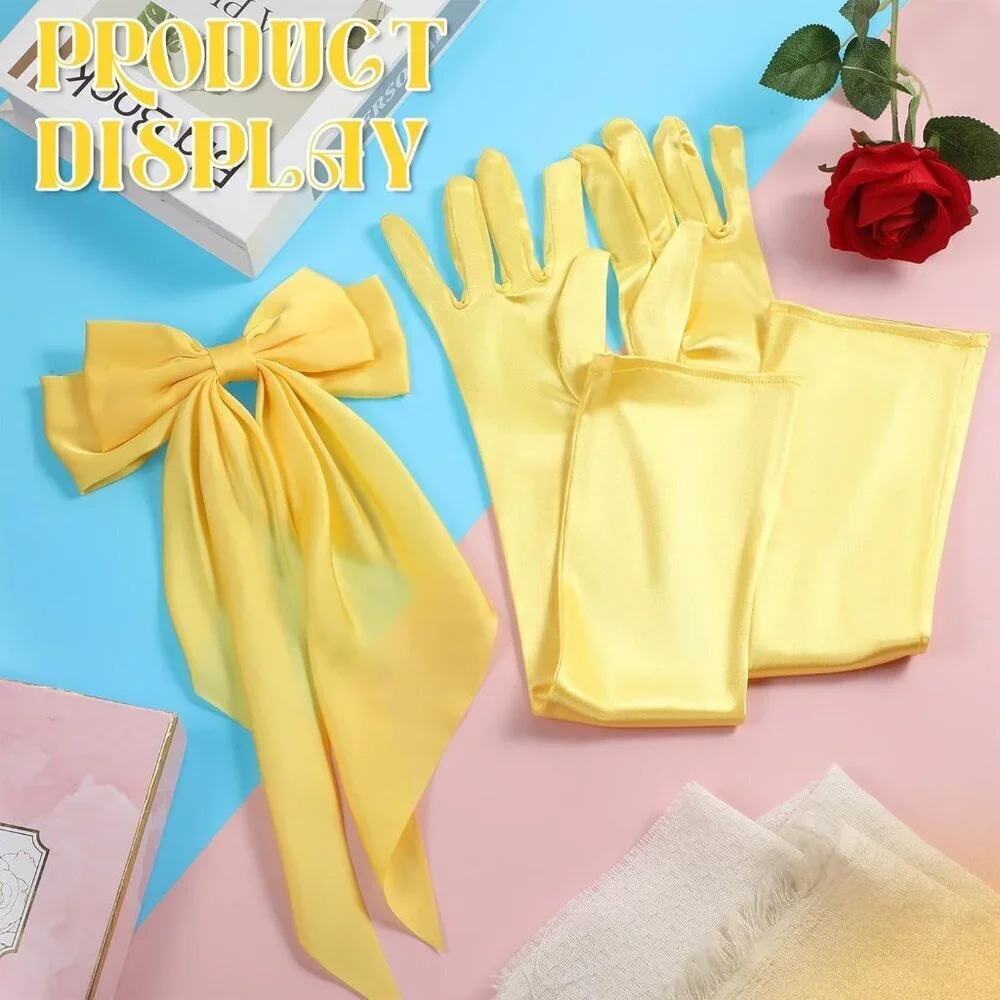 Princess Costume Accessories Set with Yellow Bow Hairband Gloves Rose for Dress